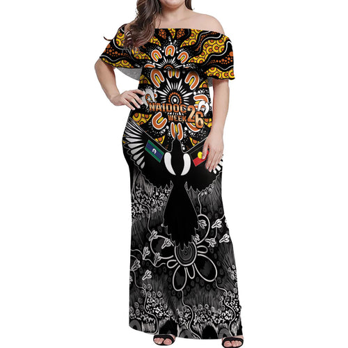 Magpies NAIDOC Week 2026 Personalised Off Shoulder Maxi Dress Australian Aboriginal Torres Strait Islander Flag