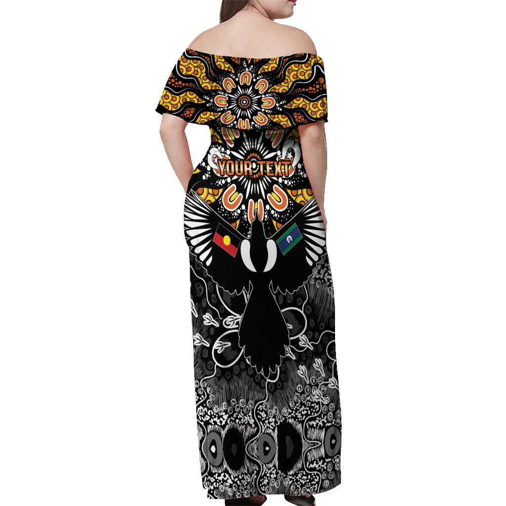 Magpies NAIDOC Week 2026 Personalised Off Shoulder Maxi Dress Australian Aboriginal Torres Strait Islander Flag