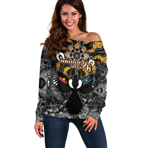 Magpies NAIDOC Week 2026 Personalised Off Shoulder Sweater Australian Aboriginal Torres Strait Islander Flag