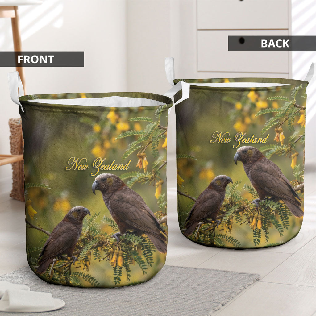 New Zealand Kaka Bird Laundry Basket Kowhai Flower Landscape Style