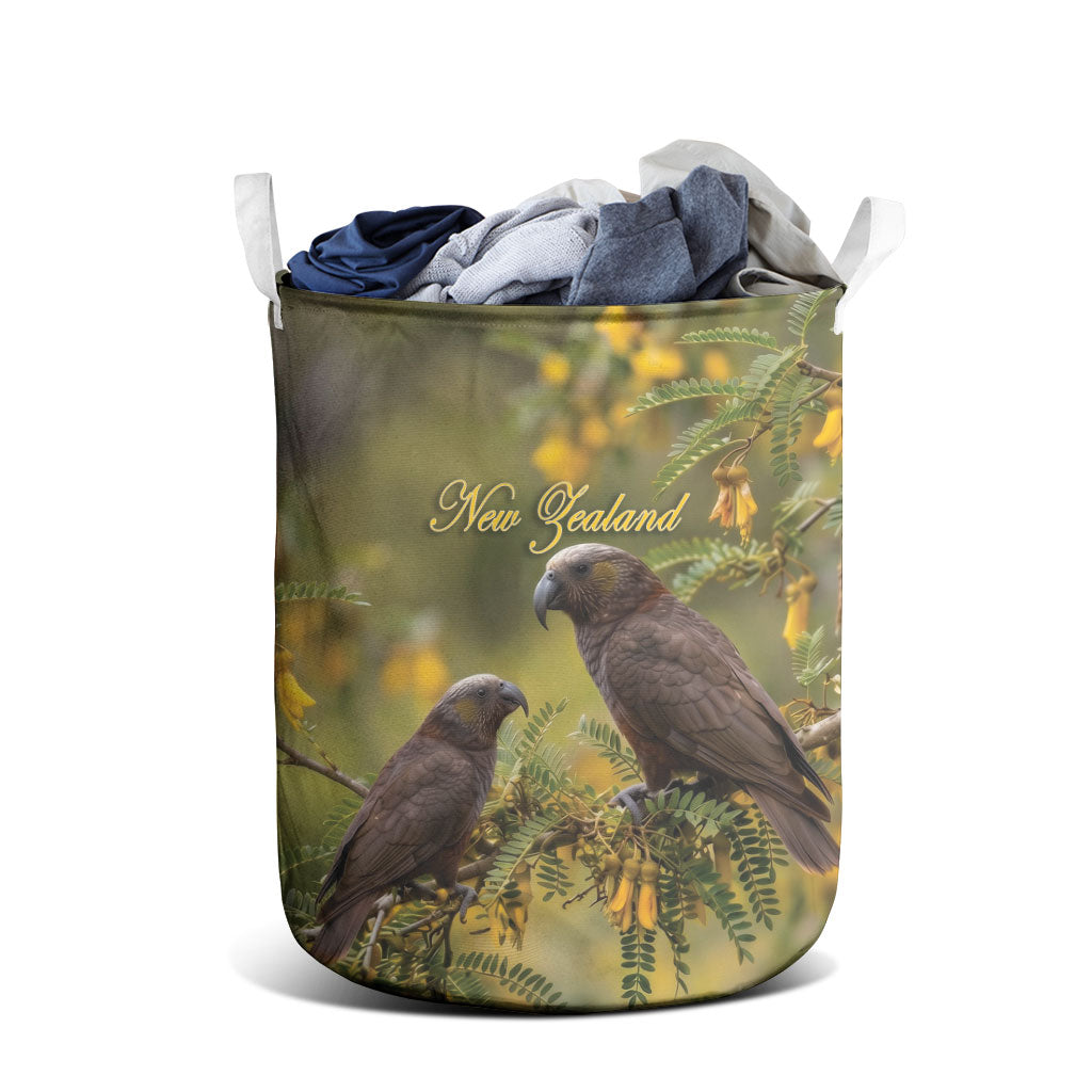 New Zealand Kaka Bird Laundry Basket Kowhai Flower Landscape Style