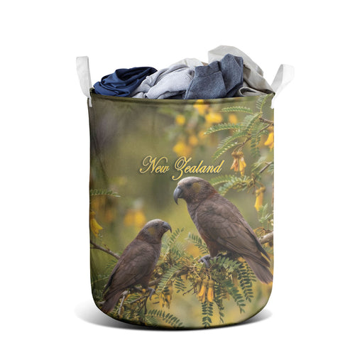 New Zealand Kaka Bird Laundry Basket Kowhai Flower Landscape Style