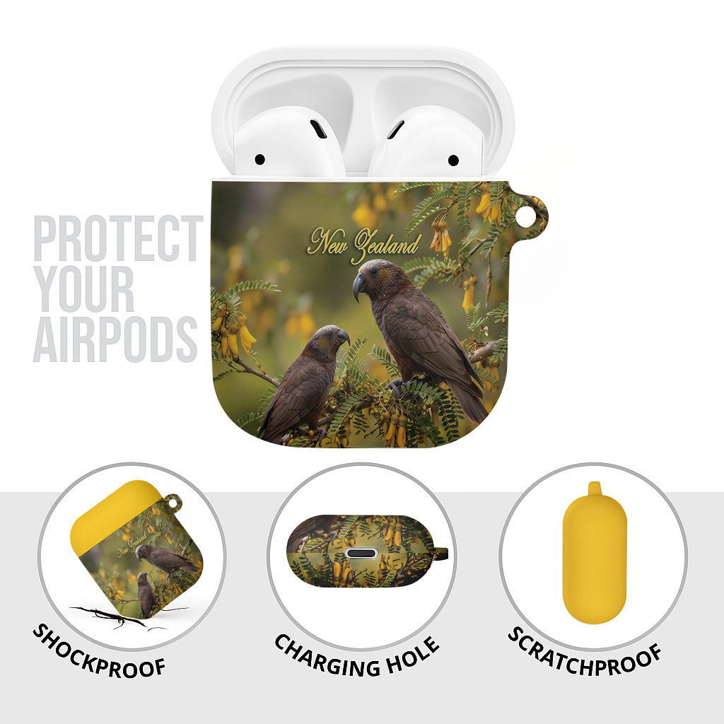 New Zealand Kaka Bird AirPods Case Kowhai Flower Landscape Style