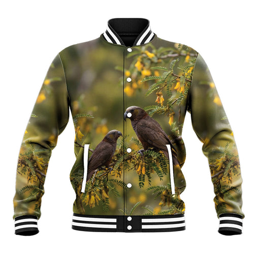 New Zealand Kaka Bird Baseball Jacket Kowhai Flower Landscape Style
