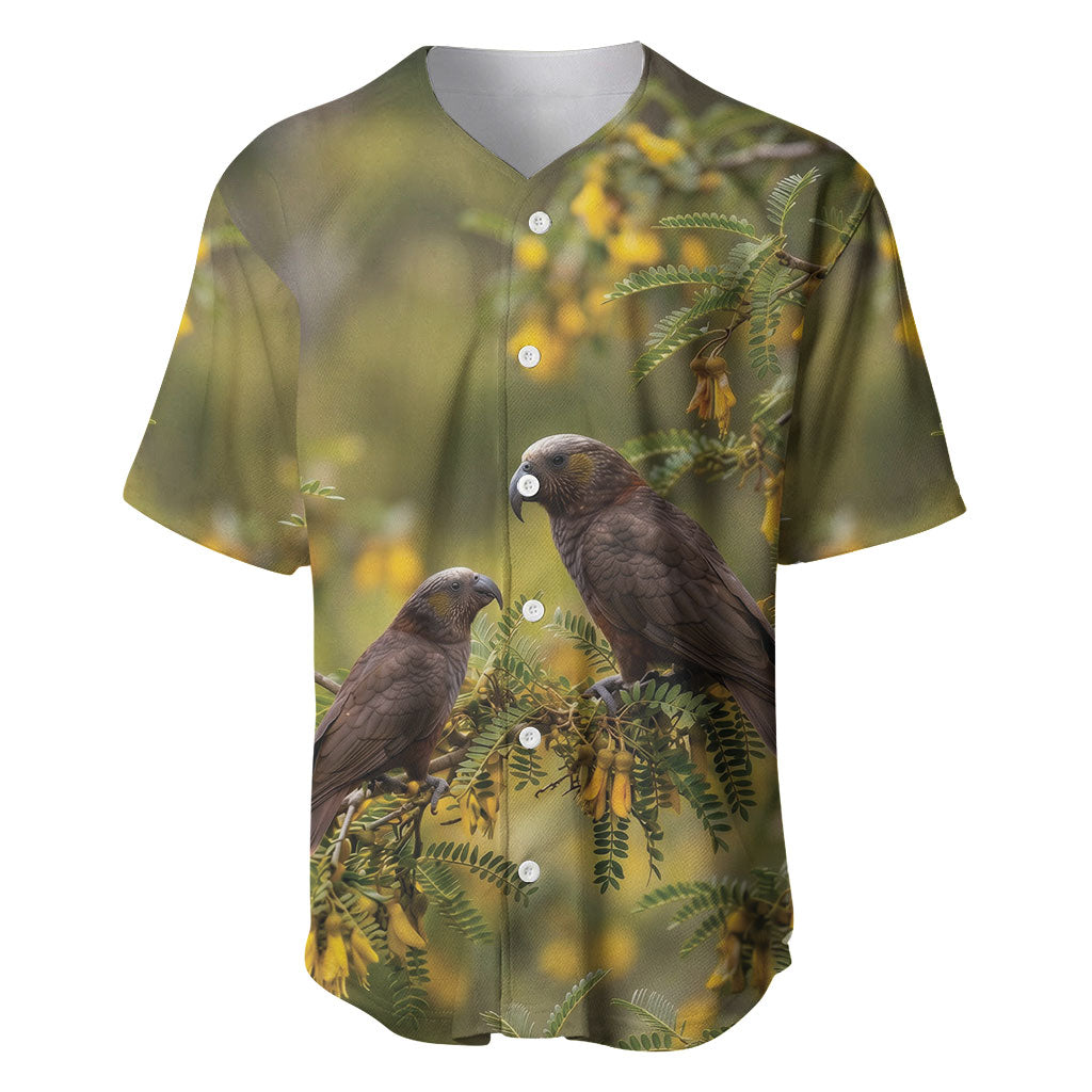 New Zealand Kaka Bird Baseball Jersey Kowhai Flower Landscape Style