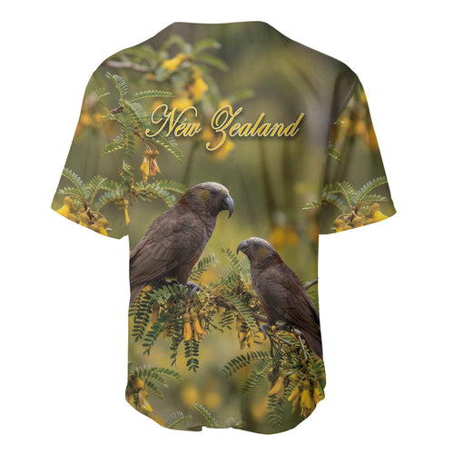 New Zealand Kaka Bird Baseball Jersey Kowhai Flower Landscape Style