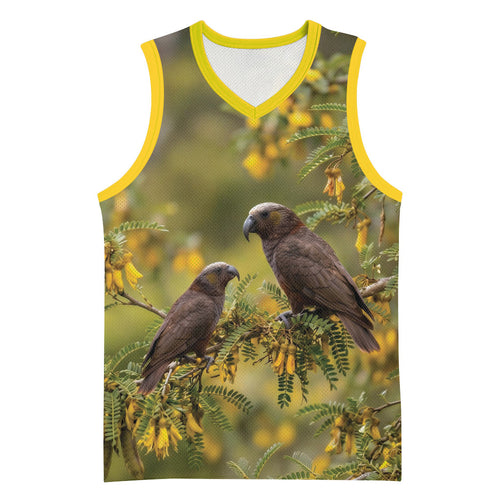 New Zealand Kaka Bird Basketball Jersey Kowhai Flower Landscape Style