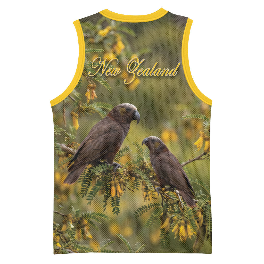 New Zealand Kaka Bird Basketball Jersey Kowhai Flower Landscape Style