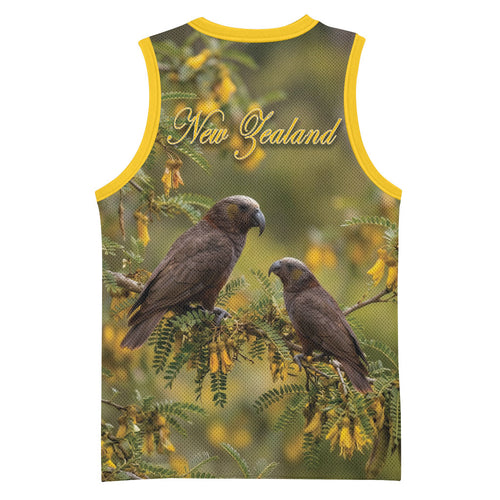 New Zealand Kaka Bird Basketball Jersey Kowhai Flower Landscape Style