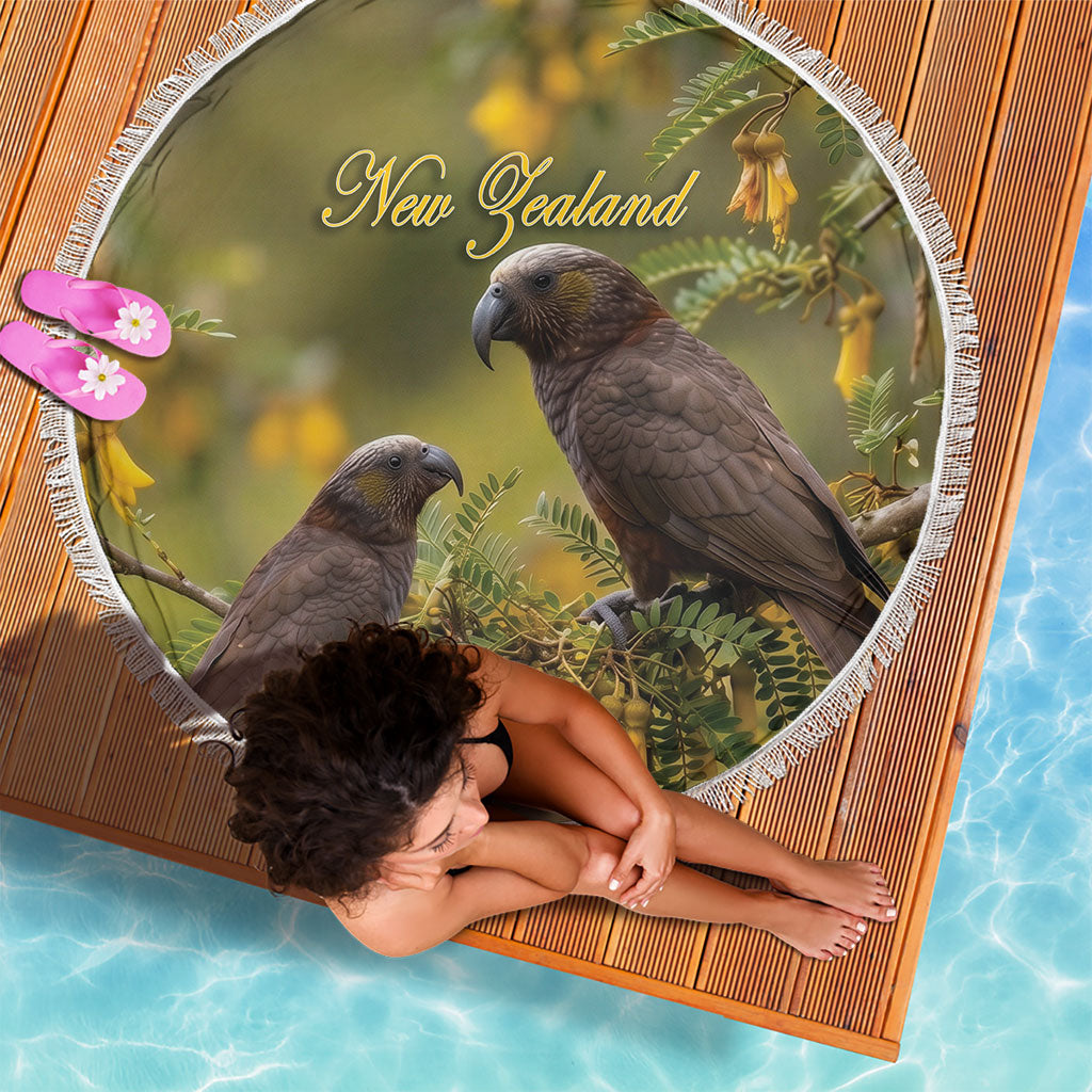 New Zealand Kaka Bird Beach Blanket Kowhai Flower Landscape Style