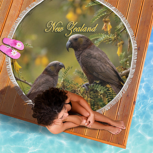 New Zealand Kaka Bird Beach Blanket Kowhai Flower Landscape Style