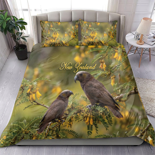 New Zealand Kaka Bird Bedding Set Kowhai Flower Landscape Style