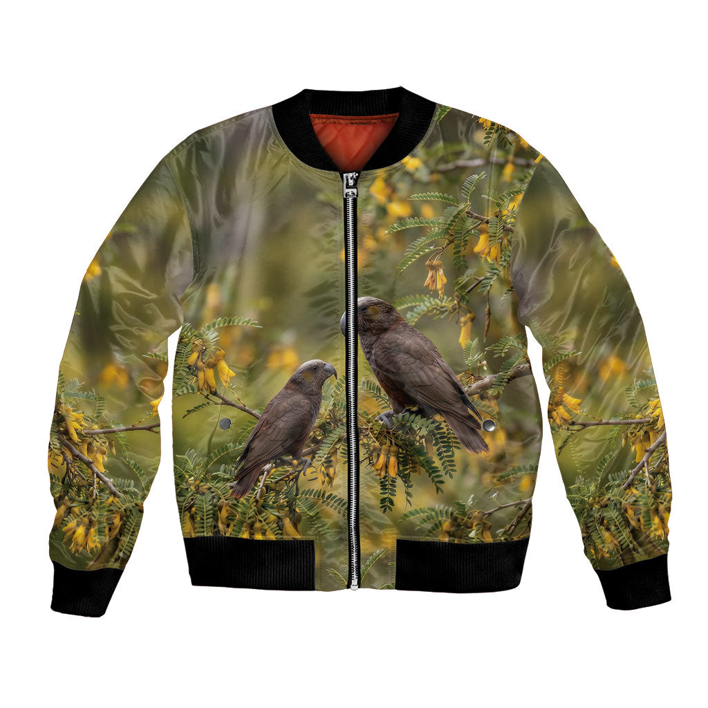 New Zealand Kaka Bird Bomber Jacket Kowhai Flower Landscape Style