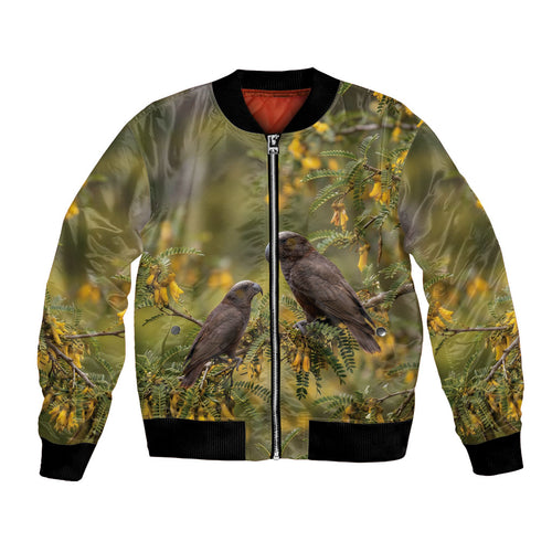 New Zealand Kaka Bird Bomber Jacket Kowhai Flower Landscape Style