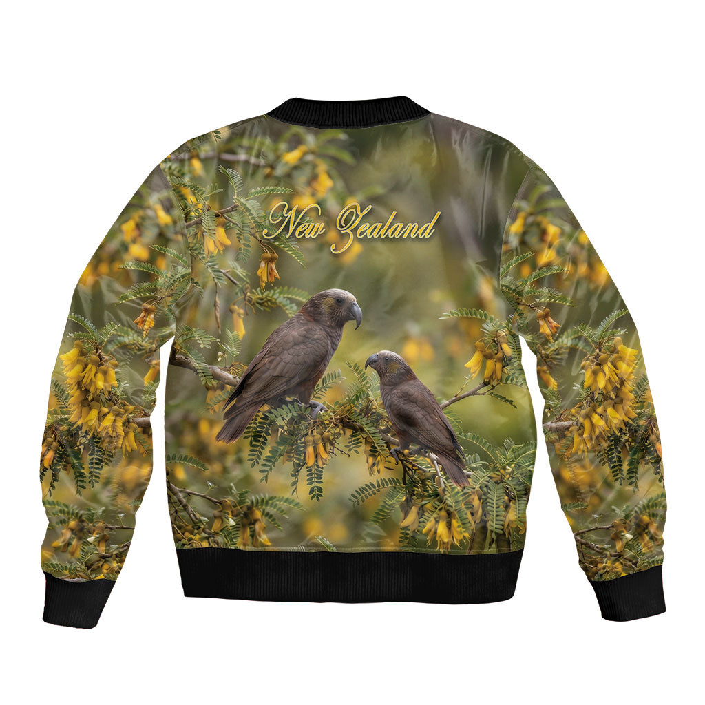 New Zealand Kaka Bird Bomber Jacket Kowhai Flower Landscape Style