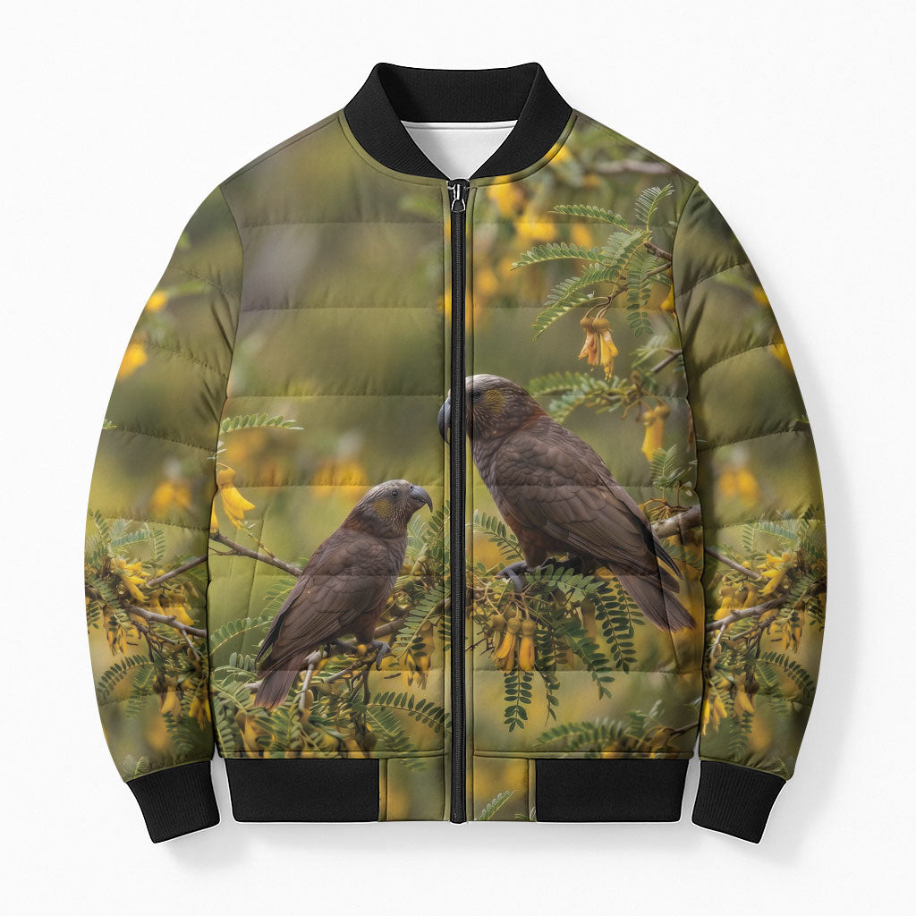 New Zealand Kaka Bird Bomber Puffer Jacket Kowhai Flower Landscape Style