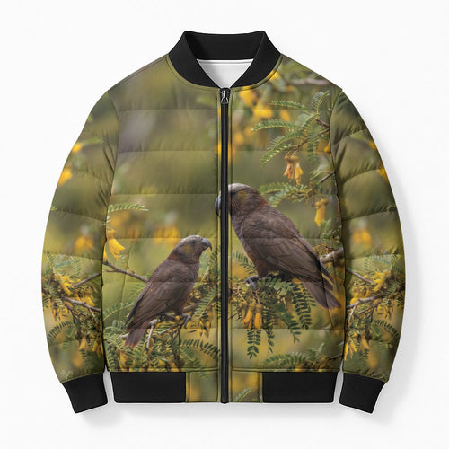 New Zealand Kaka Bird Bomber Puffer Jacket Kowhai Flower Landscape Style