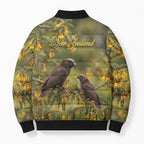 New Zealand Kaka Bird Bomber Puffer Jacket Kowhai Flower Landscape Style