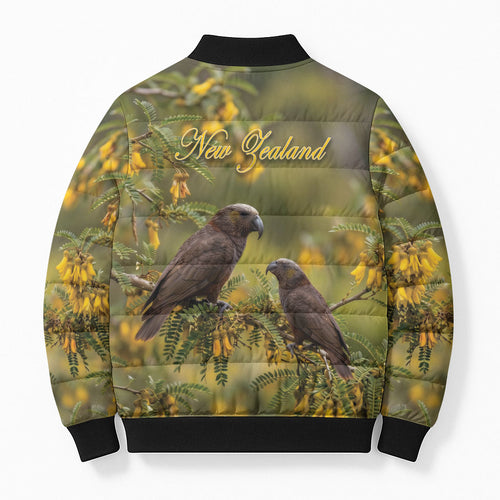 New Zealand Kaka Bird Bomber Puffer Jacket Kowhai Flower Landscape Style
