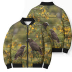New Zealand Kaka Bird Bomber Puffer Jacket Kowhai Flower Landscape Style
