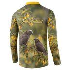 New Zealand Kaka Bird Button Sweatshirt Kowhai Flower Landscape Style