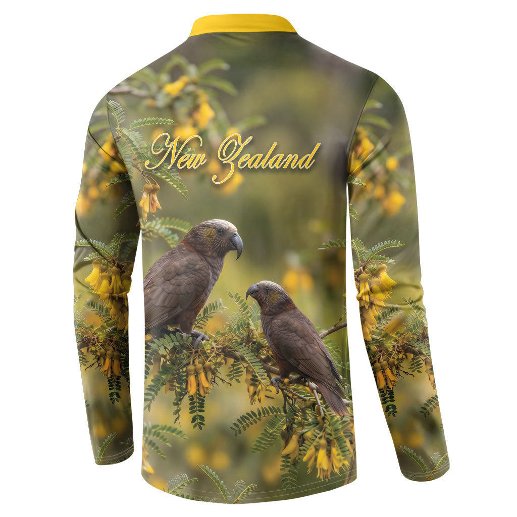 New Zealand Kaka Bird Button Sweatshirt Kowhai Flower Landscape Style