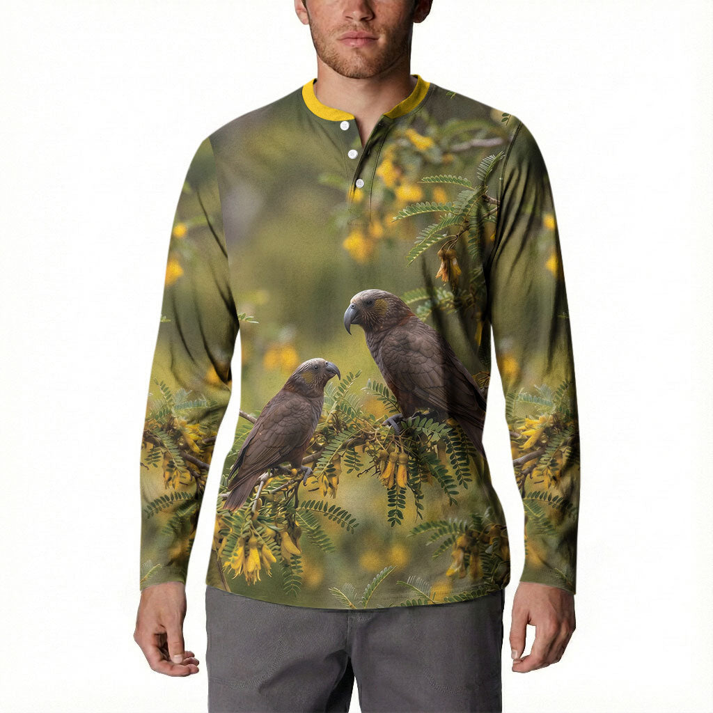 New Zealand Kaka Bird Button Sweatshirt Kowhai Flower Landscape Style