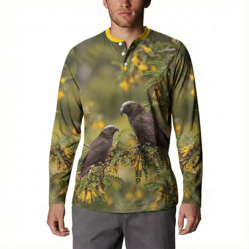 New Zealand Kaka Bird Button Sweatshirt Kowhai Flower Landscape Style