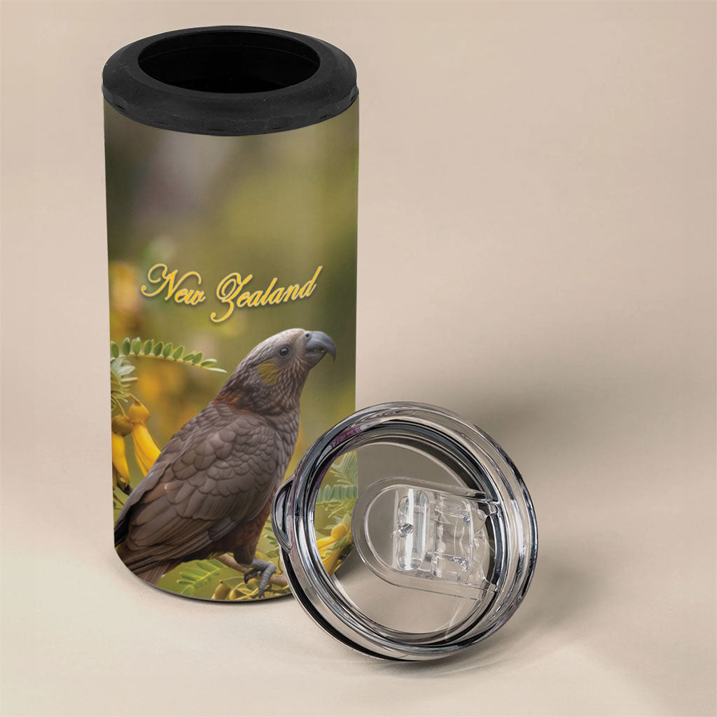 New Zealand Kaka Bird 4 in 1 Can Cooler Tumbler Kowhai Flower Landscape Style