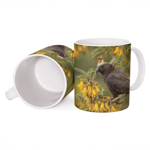 New Zealand Kaka Bird Ceramic Mug Kowhai Flower Landscape Style