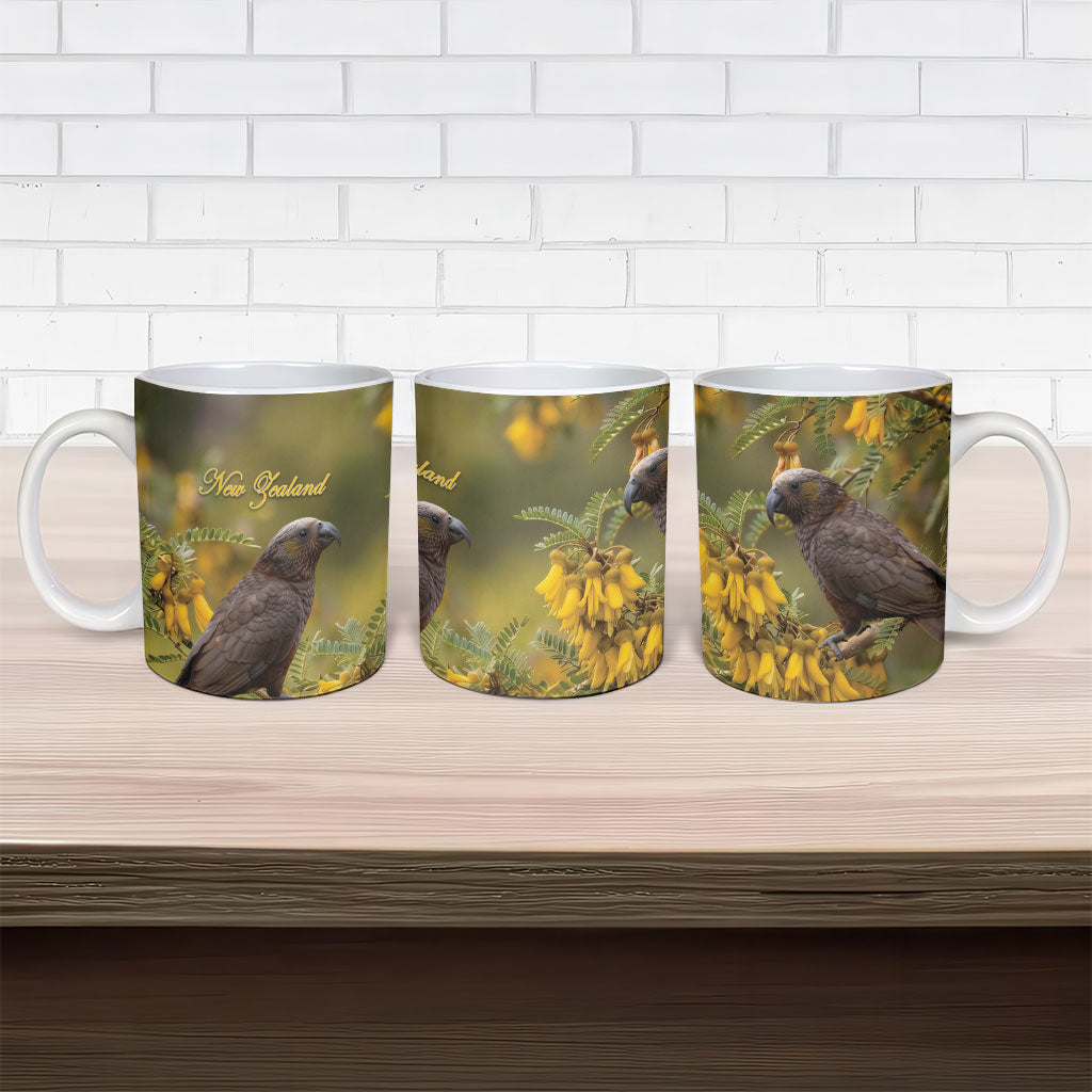 New Zealand Kaka Bird Ceramic Mug Kowhai Flower Landscape Style