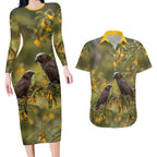 New Zealand Kaka Bird Couples Matching Long Sleeve Bodycon Dress and Hawaiian Shirt Kowhai Flower Landscape Style
