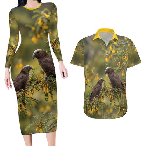 New Zealand Kaka Bird Couples Matching Long Sleeve Bodycon Dress and Hawaiian Shirt Kowhai Flower Landscape Style