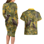 New Zealand Kaka Bird Couples Matching Long Sleeve Bodycon Dress and Hawaiian Shirt Kowhai Flower Landscape Style