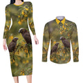 New Zealand Kaka Bird Couples Matching Long Sleeve Bodycon Dress and Long Sleeve Button Shirt Kowhai Flower Landscape Style