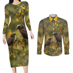 New Zealand Kaka Bird Couples Matching Long Sleeve Bodycon Dress and Long Sleeve Button Shirt Kowhai Flower Landscape Style