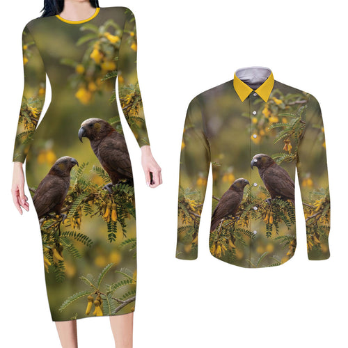 New Zealand Kaka Bird Couples Matching Long Sleeve Bodycon Dress and Long Sleeve Button Shirt Kowhai Flower Landscape Style