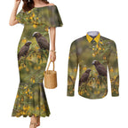 New Zealand Kaka Bird Couples Matching Mermaid Dress and Long Sleeve Button Shirt Kowhai Flower Landscape Style