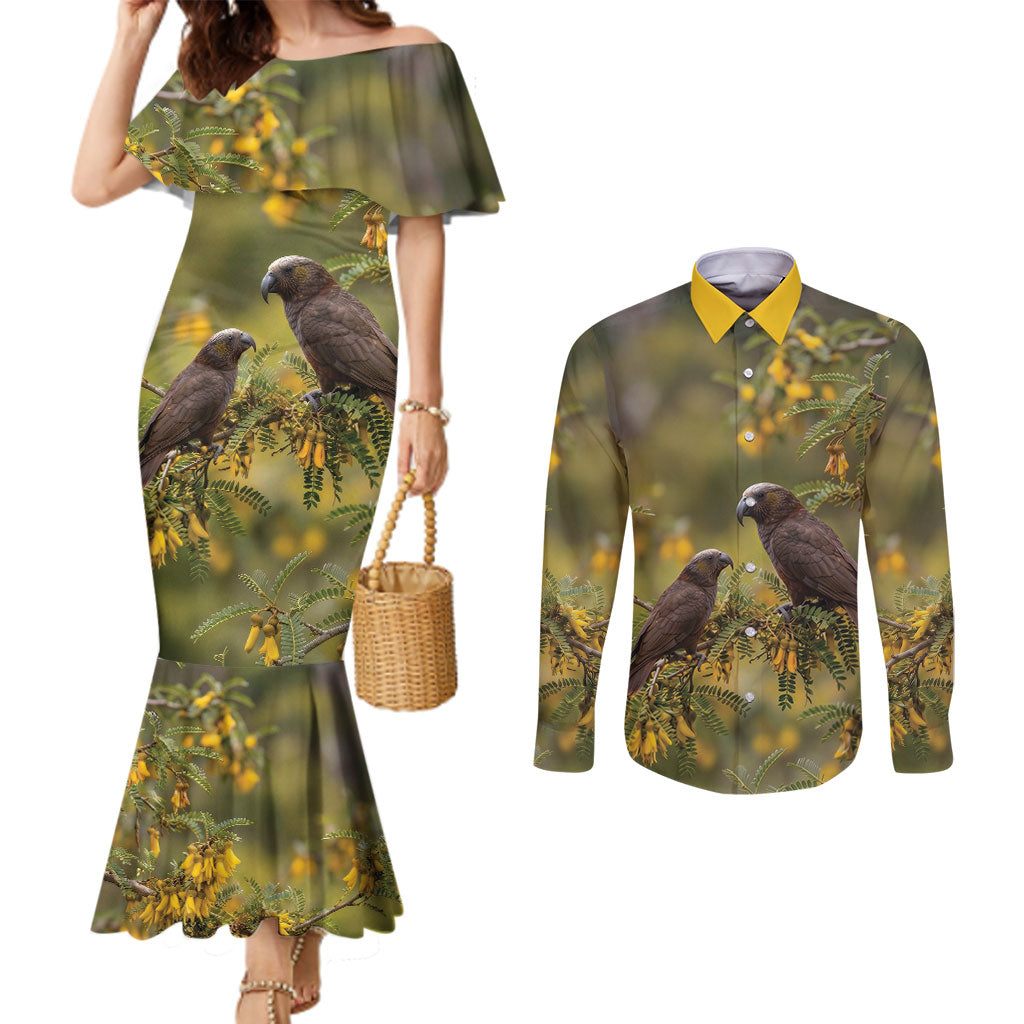 New Zealand Kaka Bird Couples Matching Mermaid Dress and Long Sleeve Button Shirt Kowhai Flower Landscape Style
