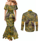 New Zealand Kaka Bird Couples Matching Mermaid Dress and Long Sleeve Button Shirt Kowhai Flower Landscape Style