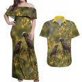 New Zealand Kaka Bird Couples Matching Off Shoulder Maxi Dress and Hawaiian Shirt Kowhai Flower Landscape Style
