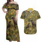 New Zealand Kaka Bird Couples Matching Off Shoulder Maxi Dress and Hawaiian Shirt Kowhai Flower Landscape Style