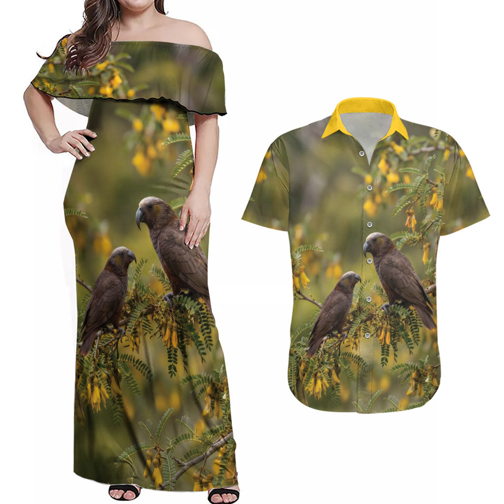 New Zealand Kaka Bird Couples Matching Off Shoulder Maxi Dress and Hawaiian Shirt Kowhai Flower Landscape Style