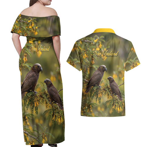 New Zealand Kaka Bird Couples Matching Off Shoulder Maxi Dress and Hawaiian Shirt Kowhai Flower Landscape Style