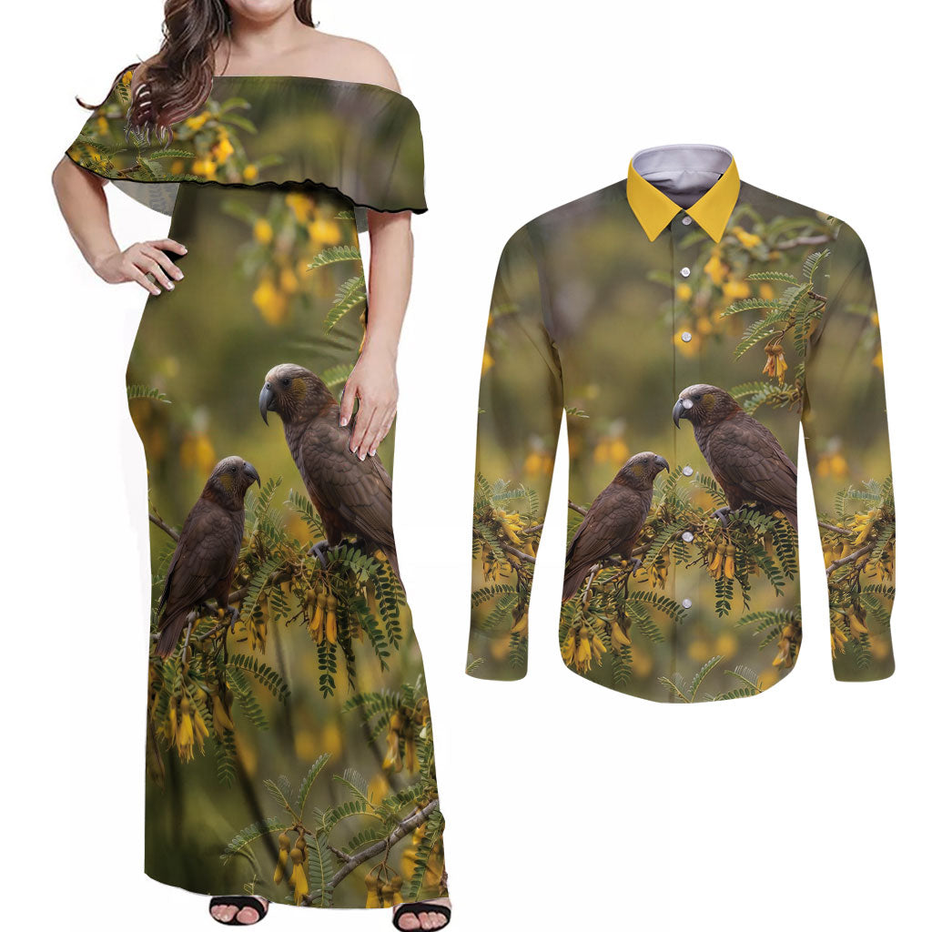 New Zealand Kaka Bird Couples Matching Off Shoulder Maxi Dress and Long Sleeve Button Shirt Kowhai Flower Landscape Style