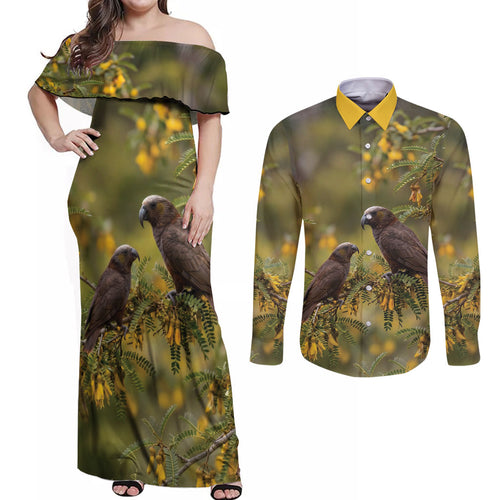 New Zealand Kaka Bird Couples Matching Off Shoulder Maxi Dress and Long Sleeve Button Shirt Kowhai Flower Landscape Style