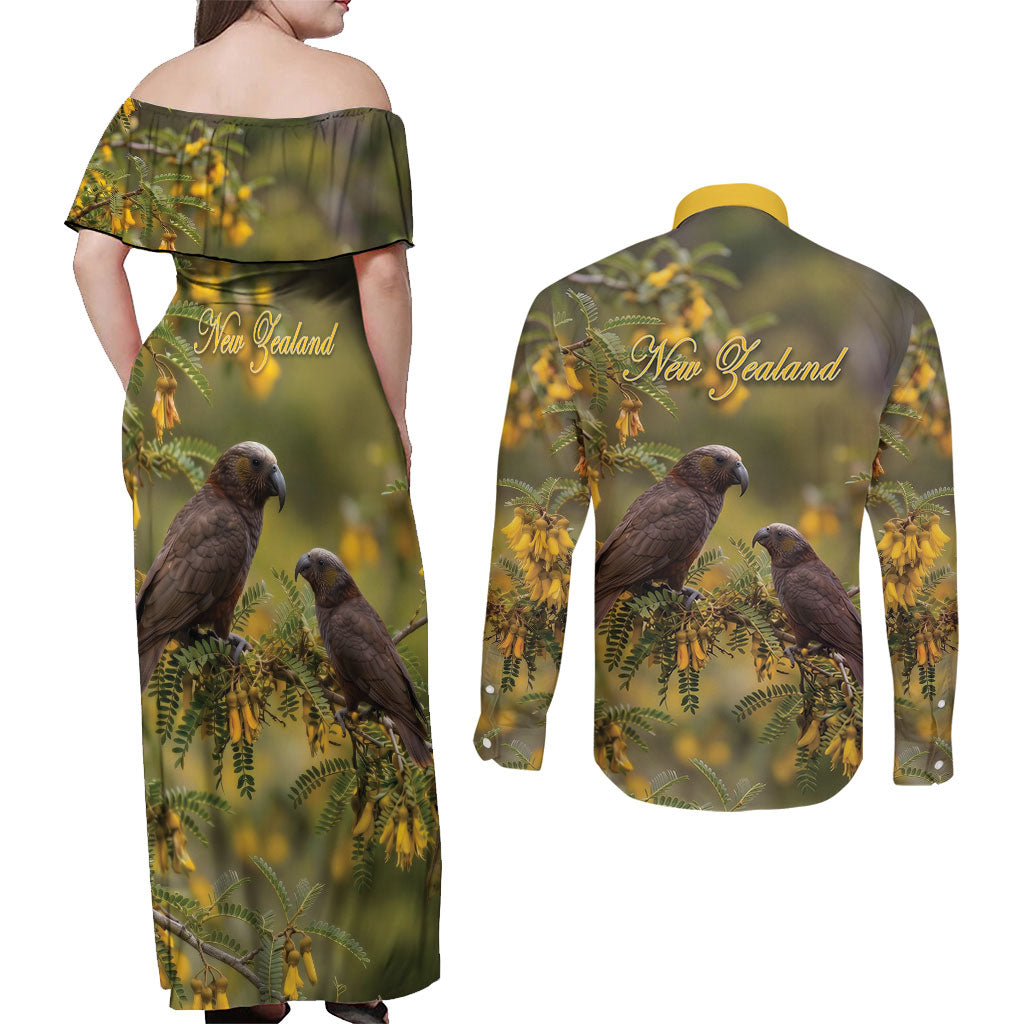 New Zealand Kaka Bird Couples Matching Off Shoulder Maxi Dress and Long Sleeve Button Shirt Kowhai Flower Landscape Style