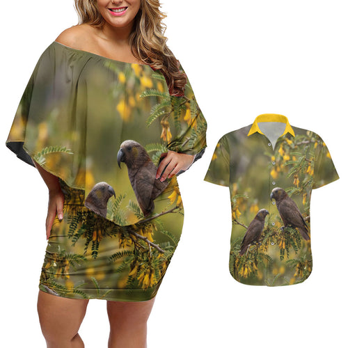 New Zealand Kaka Bird Couples Matching Off Shoulder Short Dress and Hawaiian Shirt Kowhai Flower Landscape Style