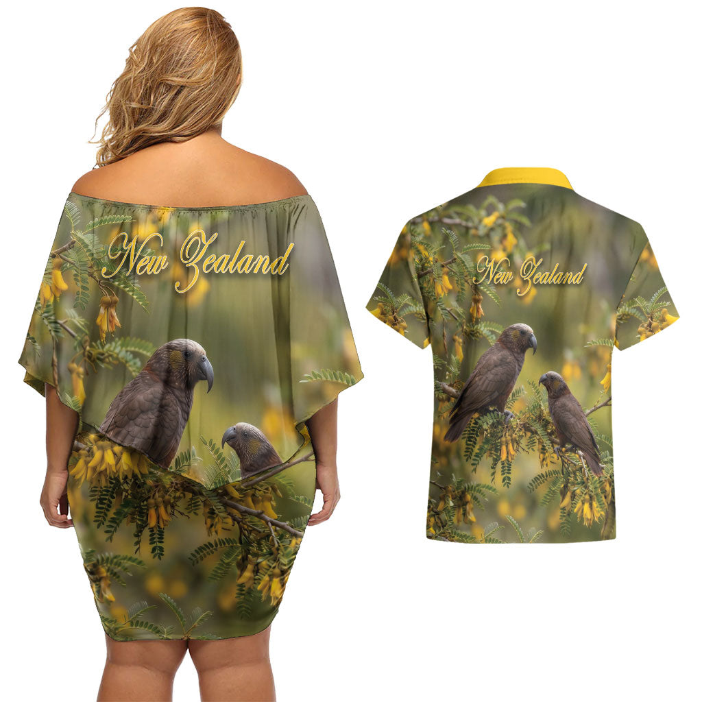 New Zealand Kaka Bird Couples Matching Off Shoulder Short Dress and Hawaiian Shirt Kowhai Flower Landscape Style