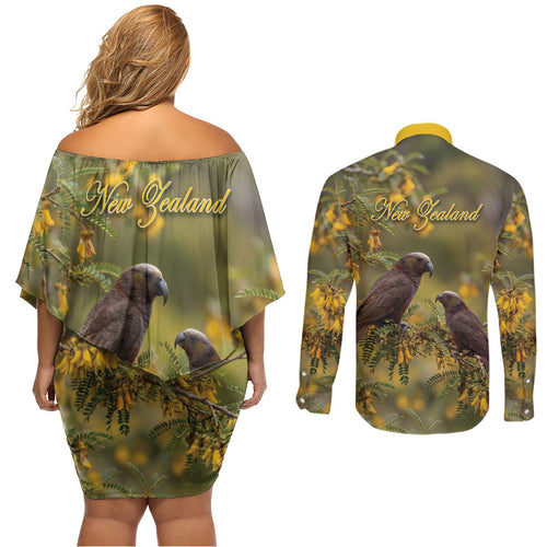 New Zealand Kaka Bird Couples Matching Off Shoulder Short Dress and Long Sleeve Button Shirt Kowhai Flower Landscape Style